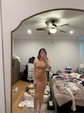 Oh Polly One-Shoulder Midi Dress in Tan